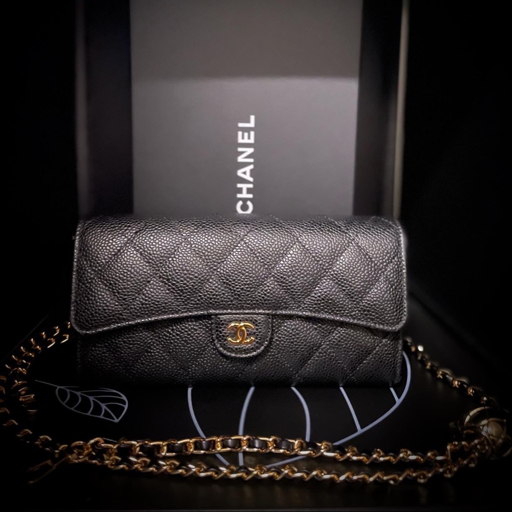 Auhentic Chanel black caviar long flap wallet